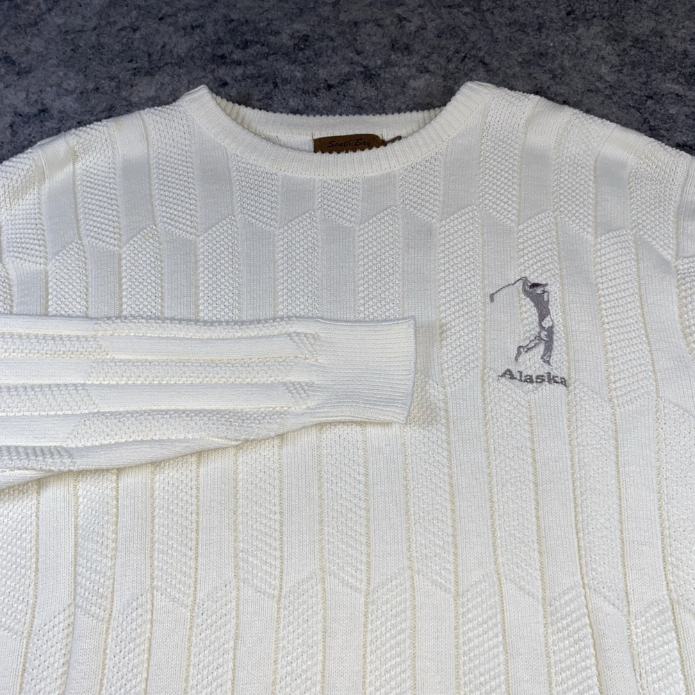VTG Textured South Bay Mens L Ivory Golf Alaska Embroidered Sweater Knit Preppy